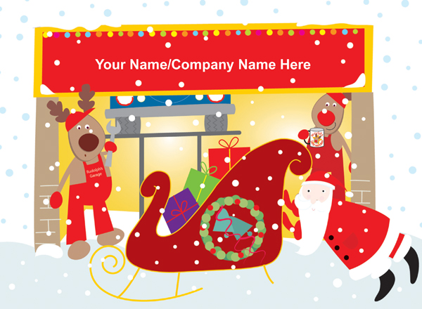 Rudolph's Garage Front Personalised Christmas Card
