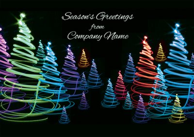 Multicoloured Trees Front Personalised Christmas Card