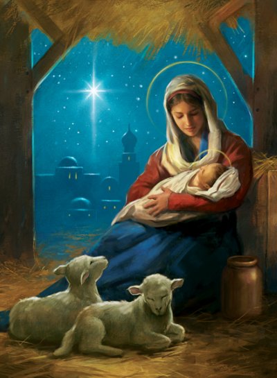 Madonna & Child Two Lambs Personalised Christmas Card
