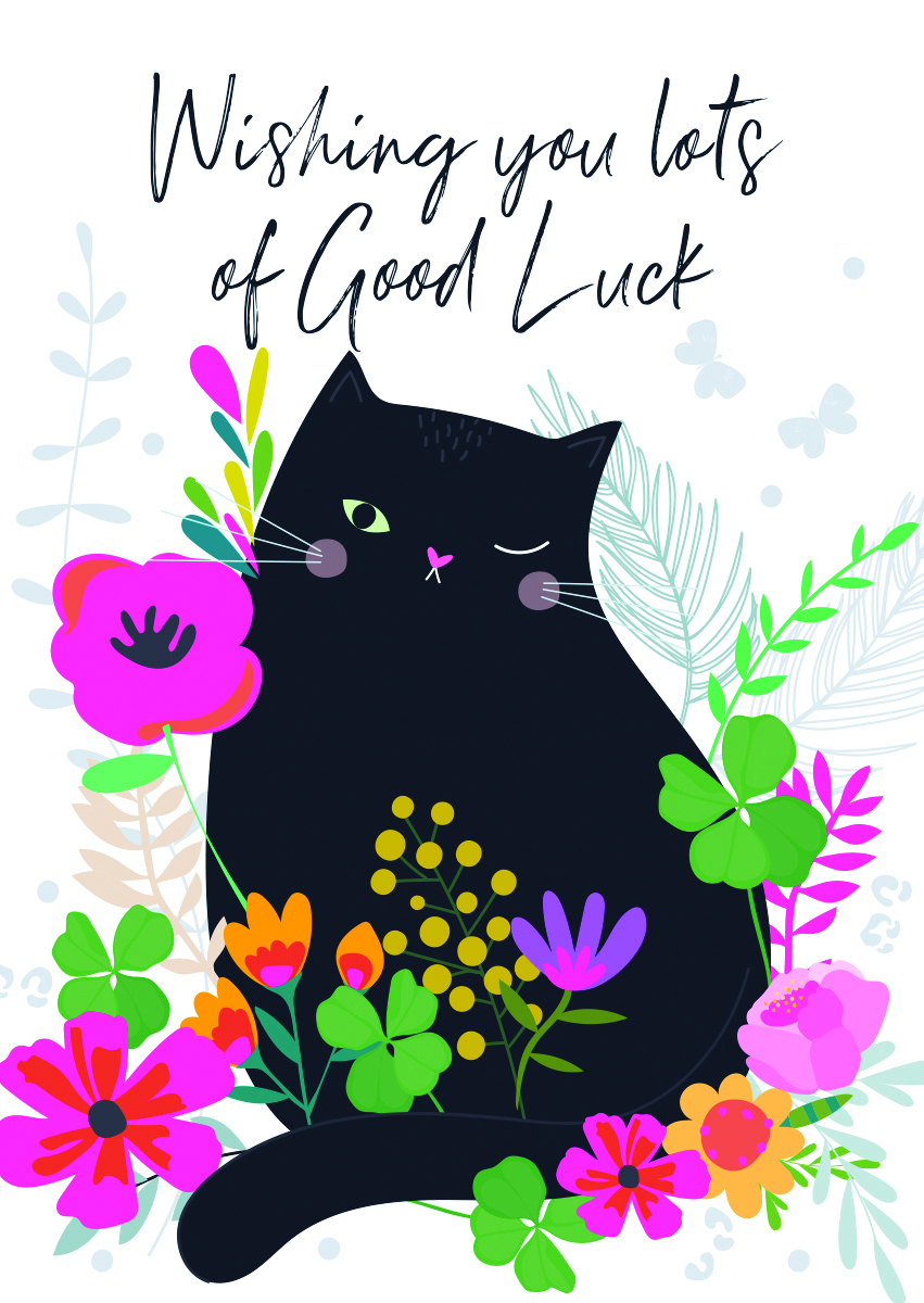 Black Cat Floral Good Luck Card