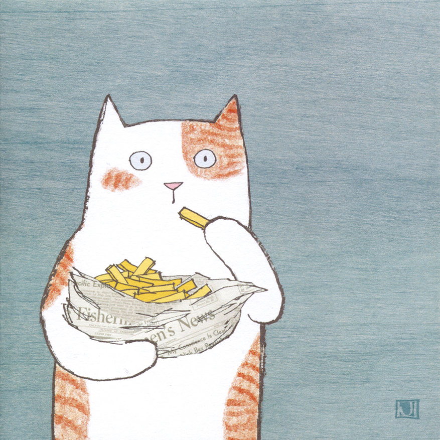 Cat Eating Chips Greeting Card