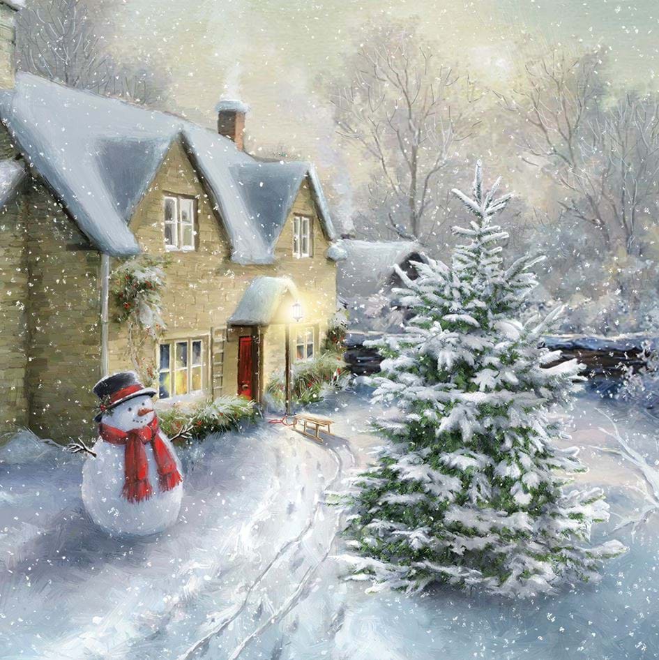 Snowman Cottage Christmas Card