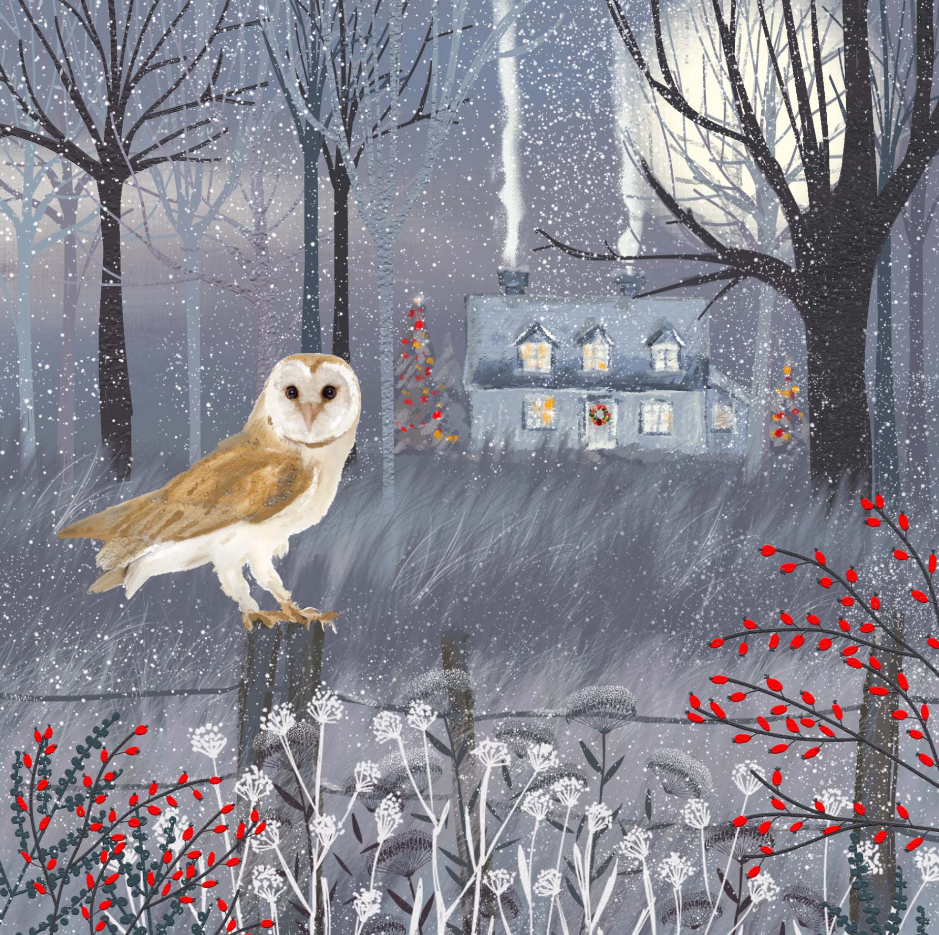 Owl and Cottage Personalised Christmas Card