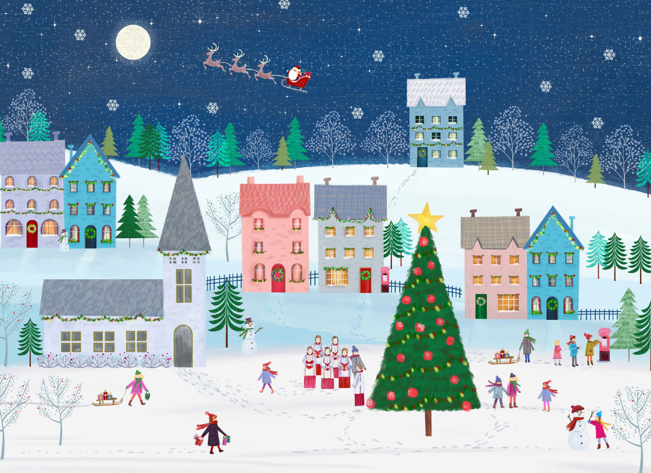Colourful Village Scene Personalised Christmas Card