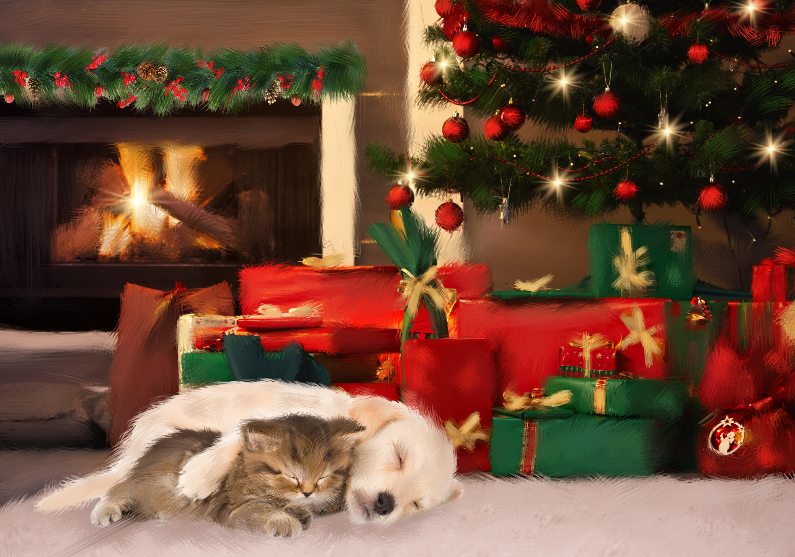 Sleeping Pup and Kitten Personalised Christmas Card