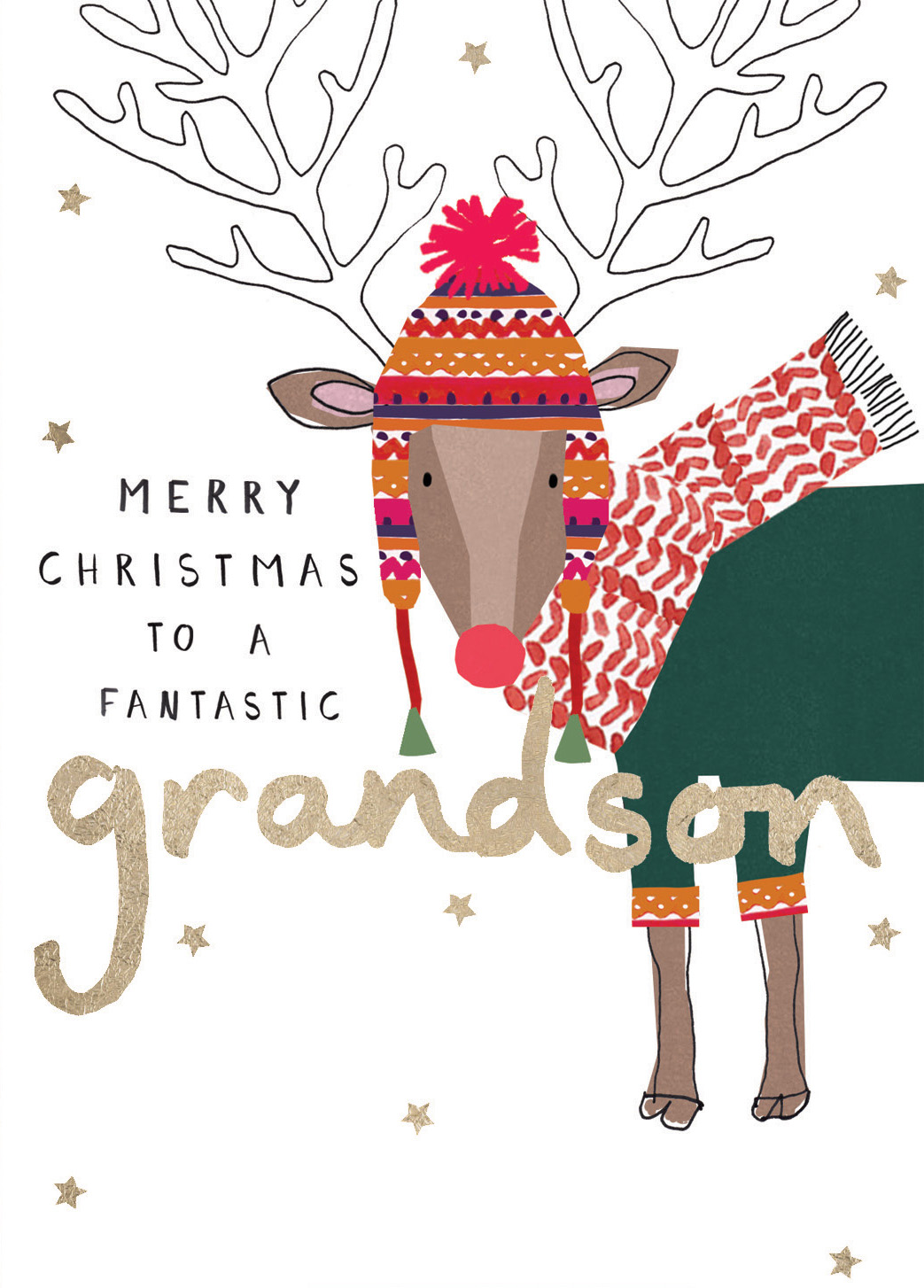 Woolly Reindeer Grandson Christmas Card
