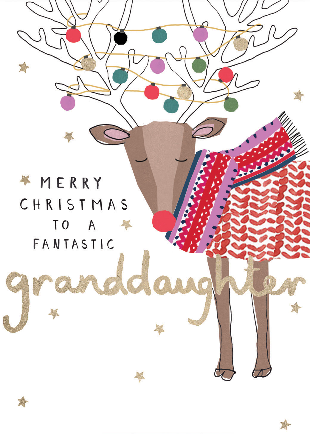 Festive Reindeer Granddaughter Christmas Card