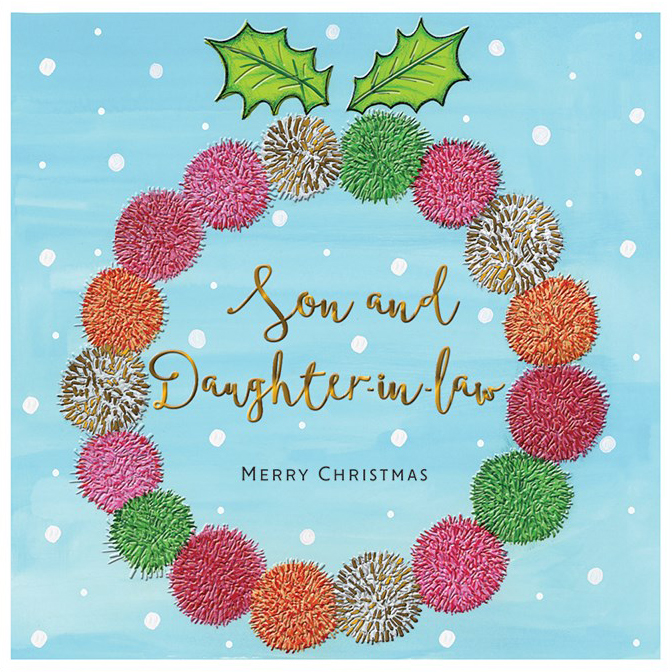 Pom Pom Wreath Son and Daughter in law Christmas Card