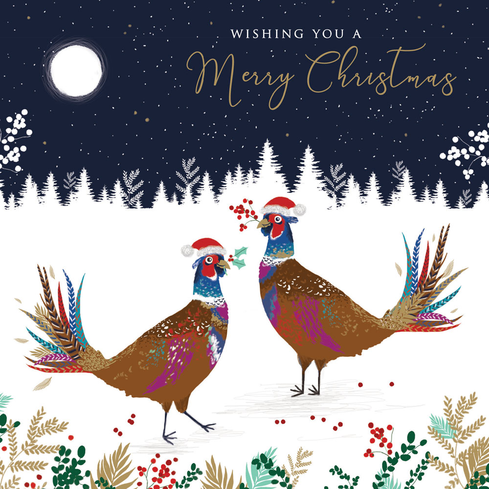 Pheasants in Santa Hats Christmas Card