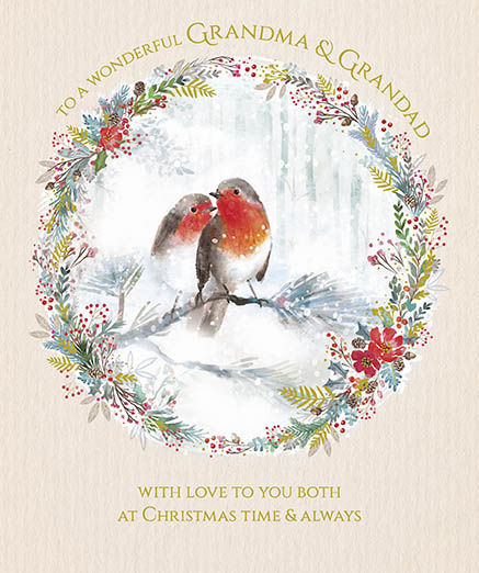 Robins on a Branch Grandma and Grandad Christmas Card