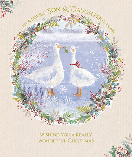 Festive Geese Son and Daughter in Law Christmas Card