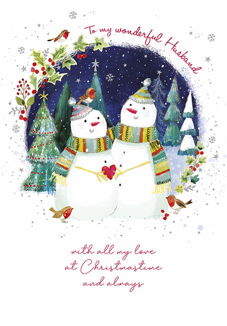 Snowman Snuggles Husband Christmas Card
