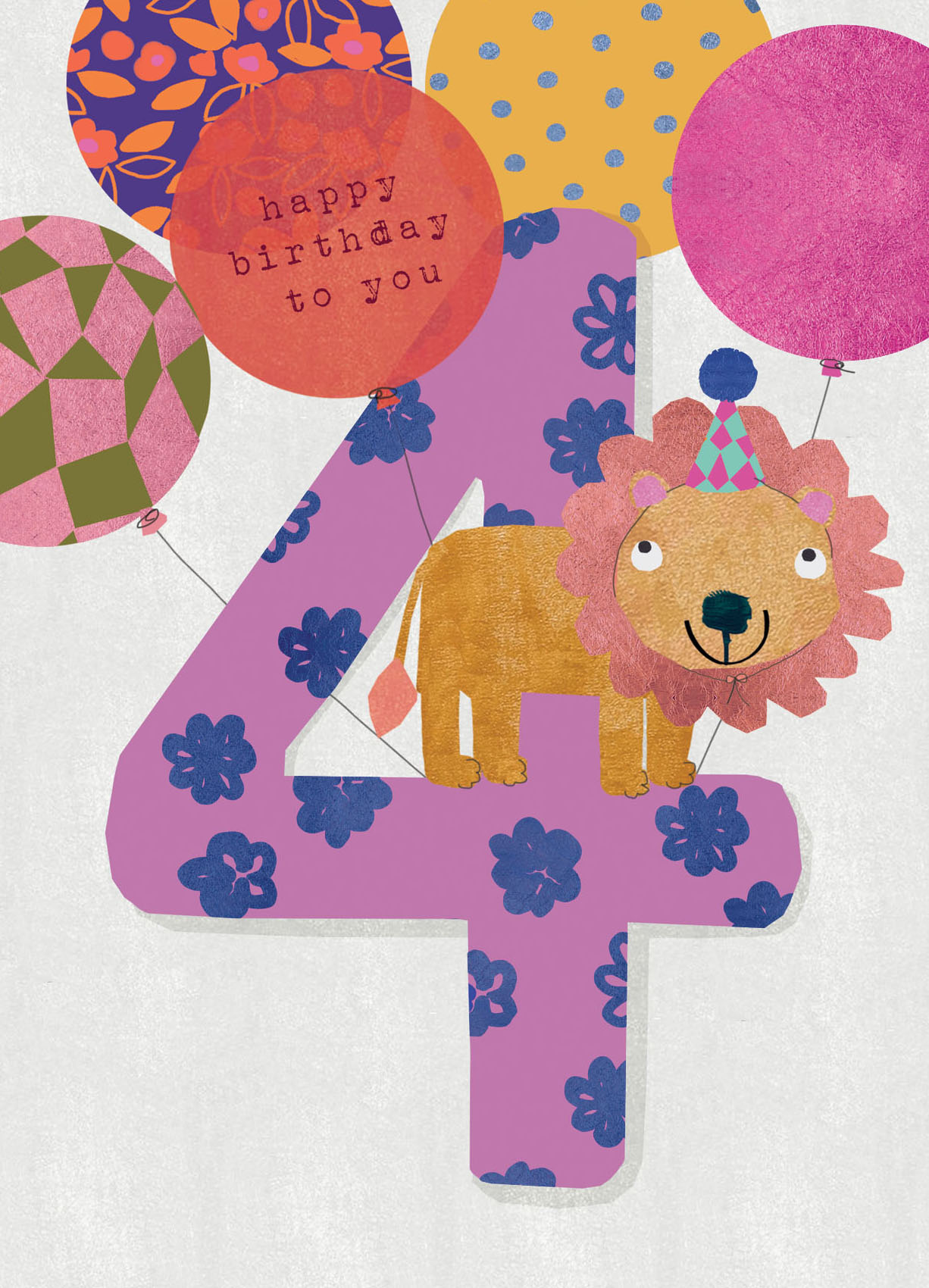 Lion and Balloons 4th Birthday Card