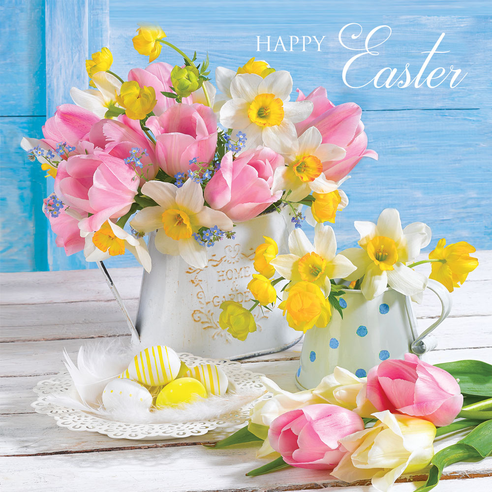 Pink Tulips and Daffodils Easter Card