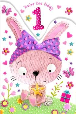 Pink Bunny 1st Birthday Card