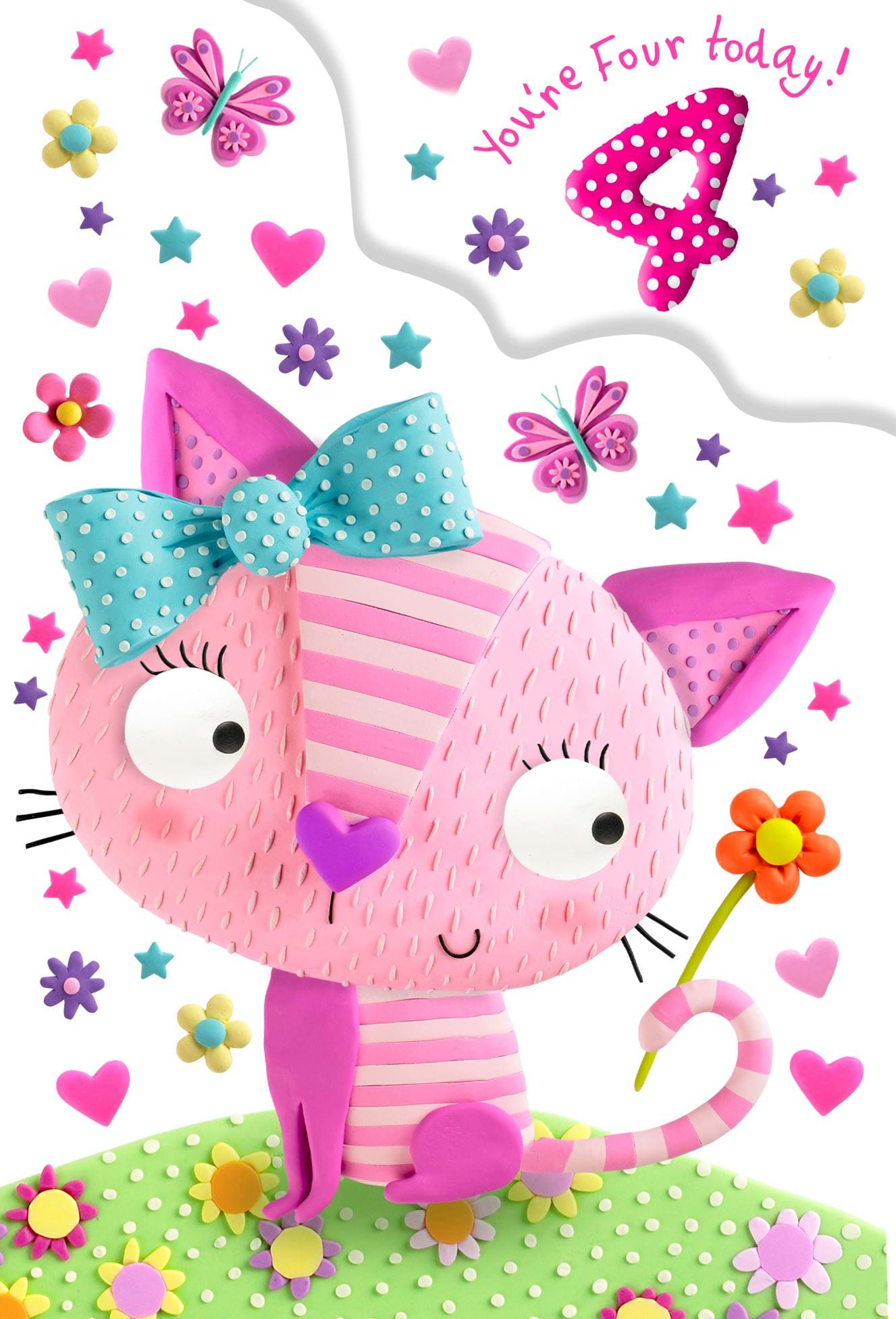 Pink Kitty 4th Birthday Card