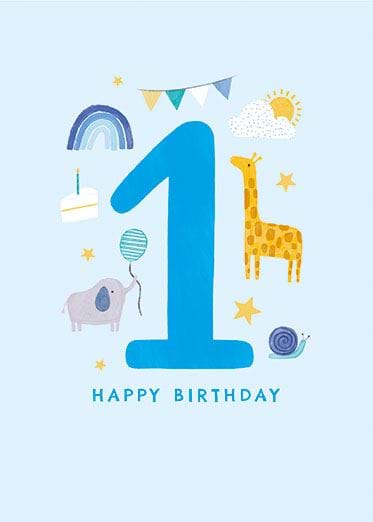 Elephant and Giraffe Blue 1st Birthday Card
