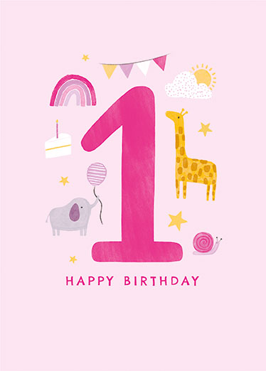 Elephant and Giraffe Pink 1st Birthday Card