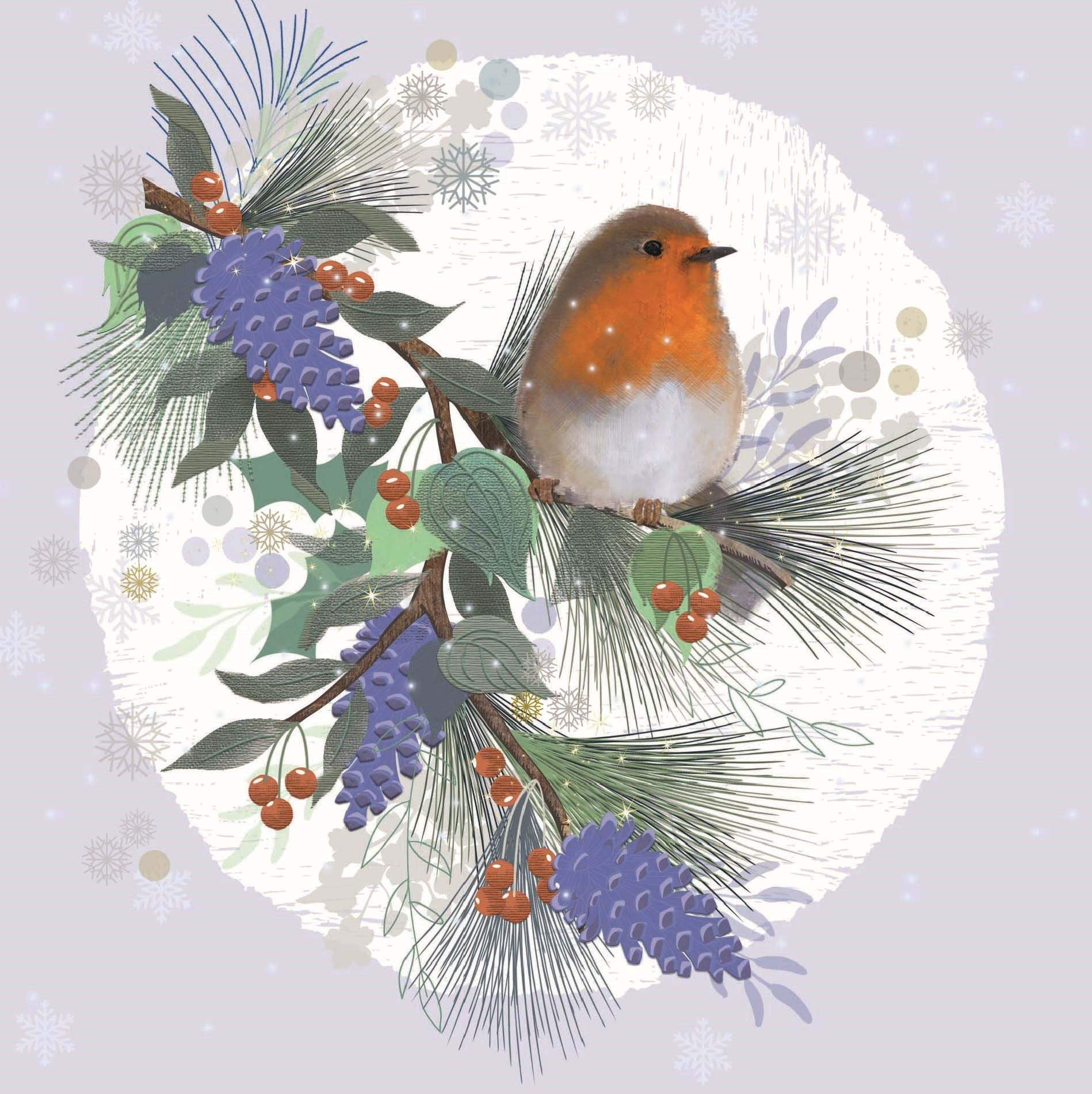 Robin & Pine Cone Personalised Christmas Card