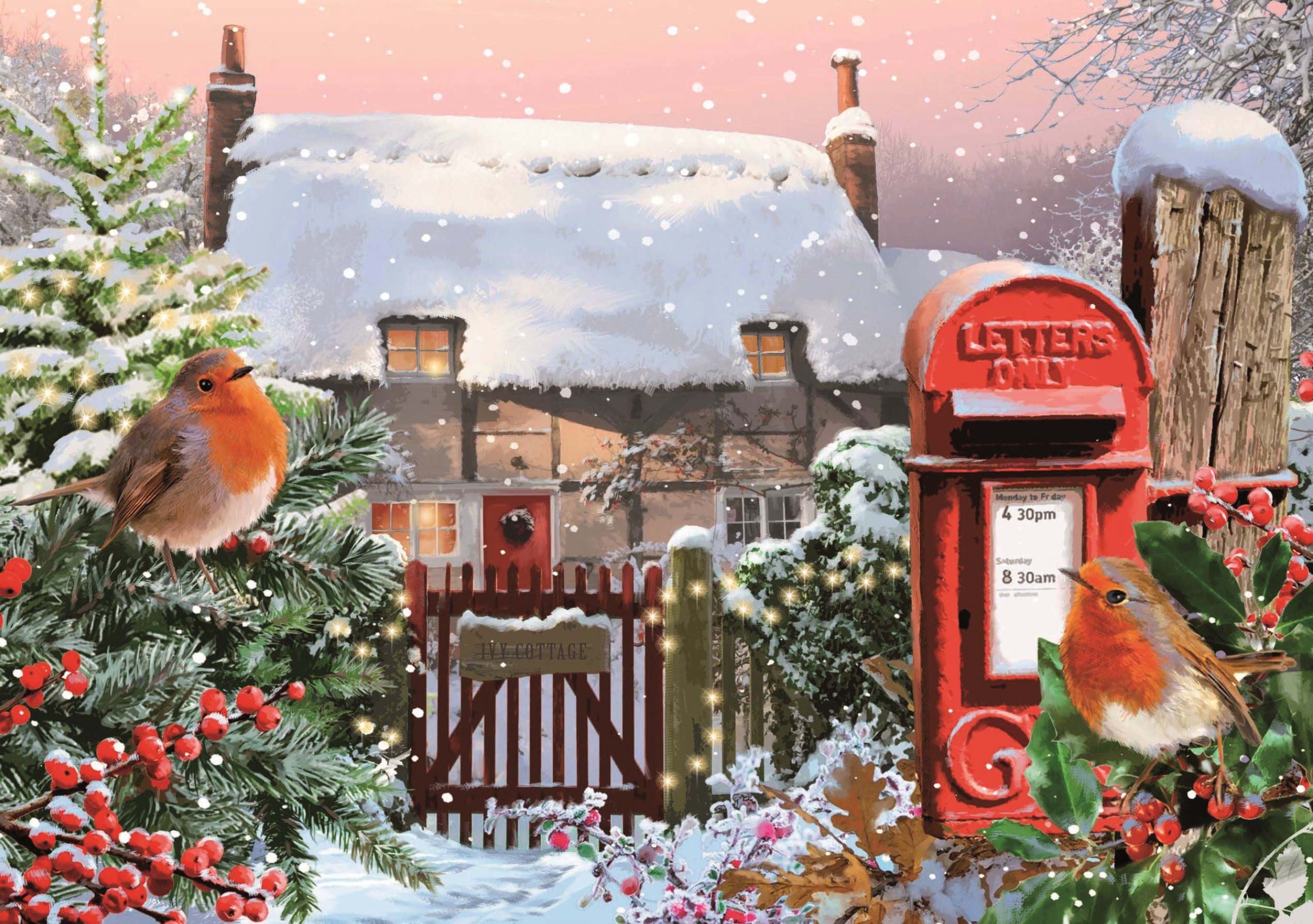 Robins & Cottage Personalised Christmas Card