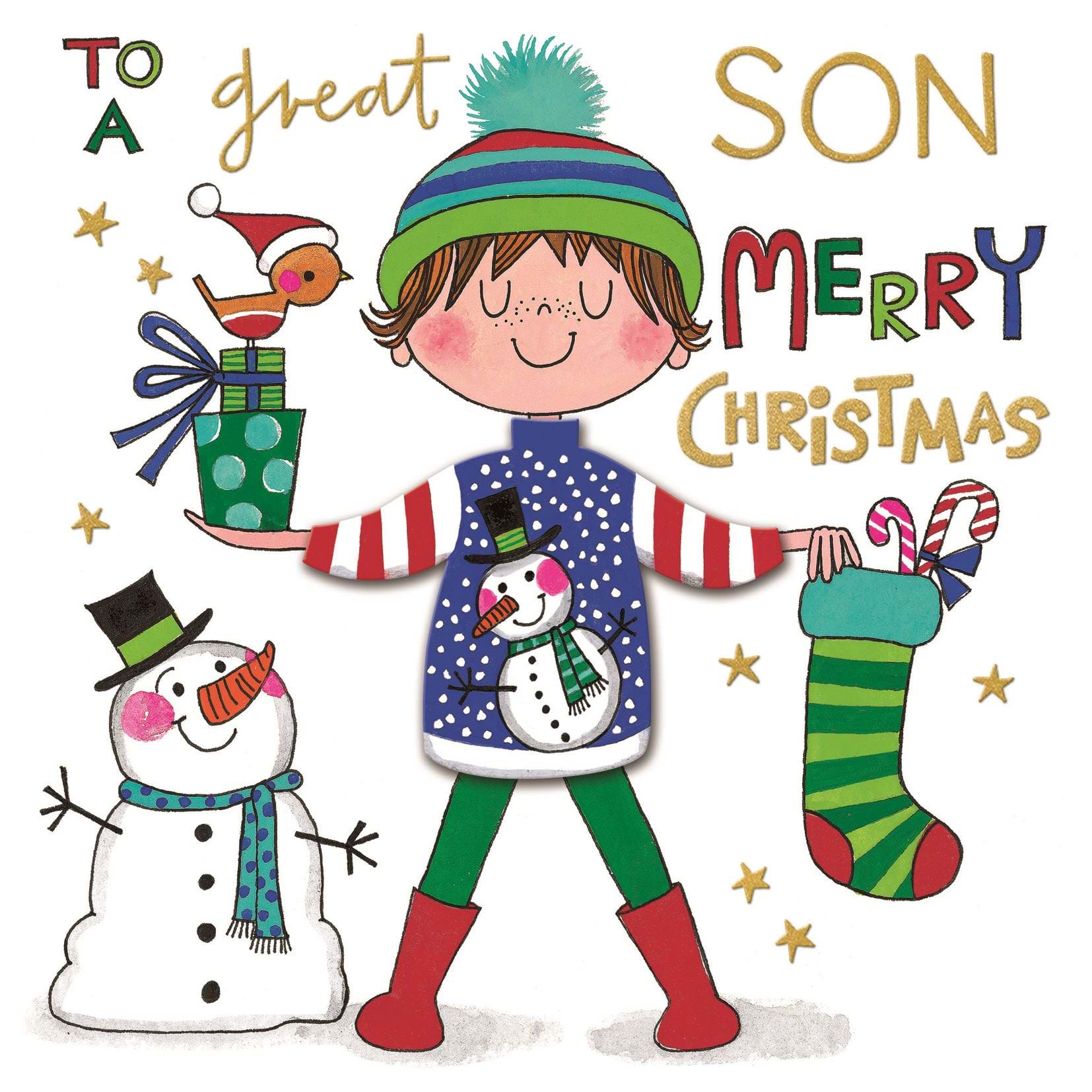 Snowman & Boy Son Christmas Card