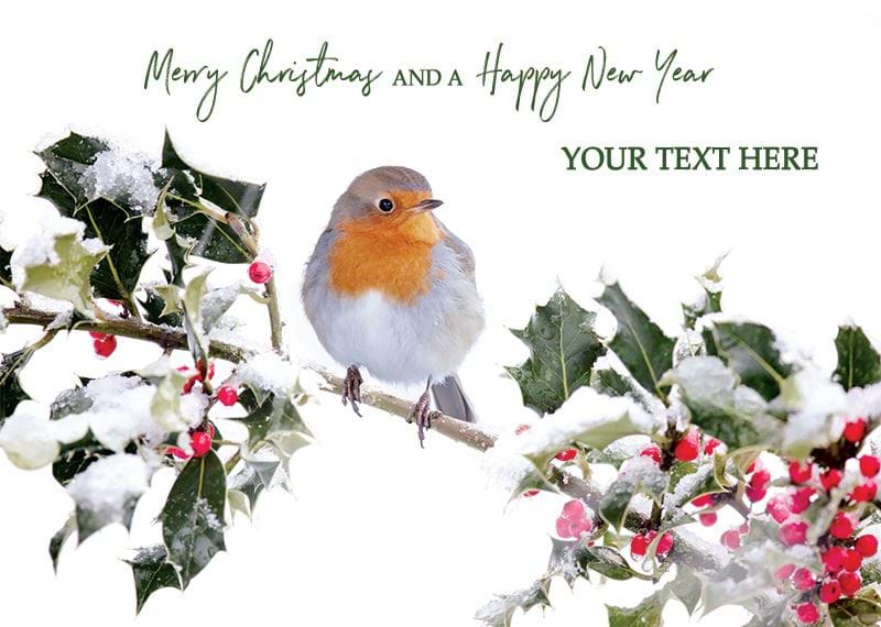 Festive Robin and Holly Personalised Christmas Card - Front Personalisation