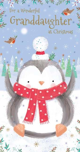 Fluffy Penguin Granddaughter Christmas Card