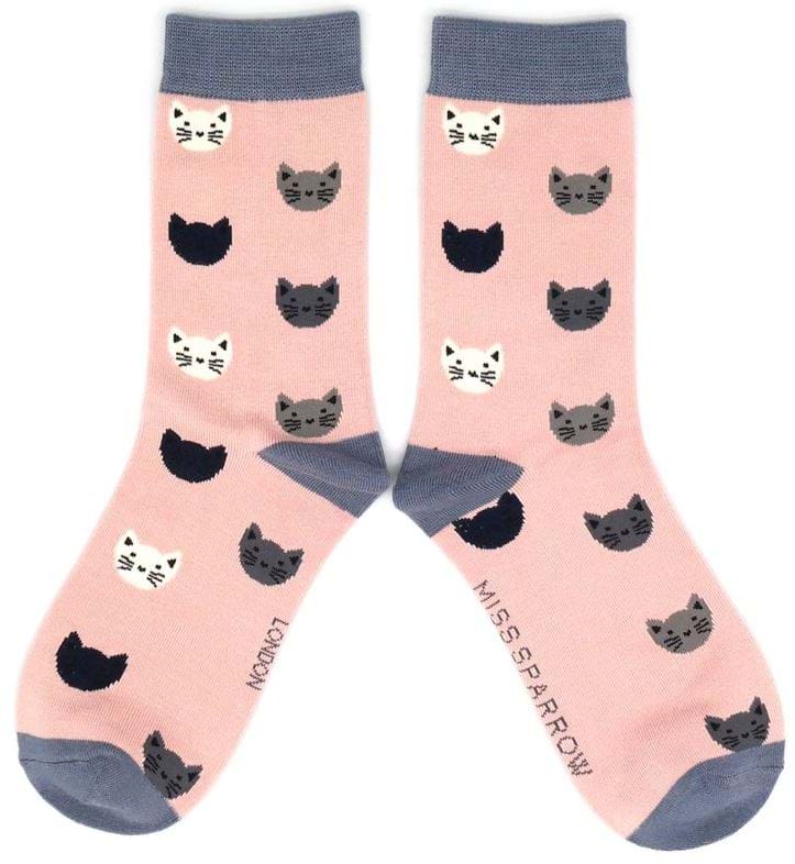 Miss Sparrow Kitty Face Bamboo Socks in Dusky Pink