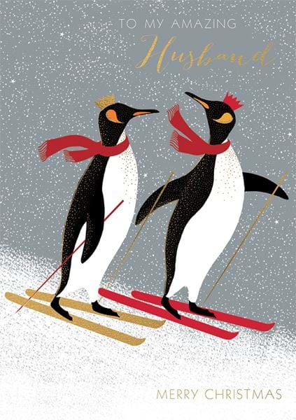 Penguins on the Slopes Husband Christmas Card