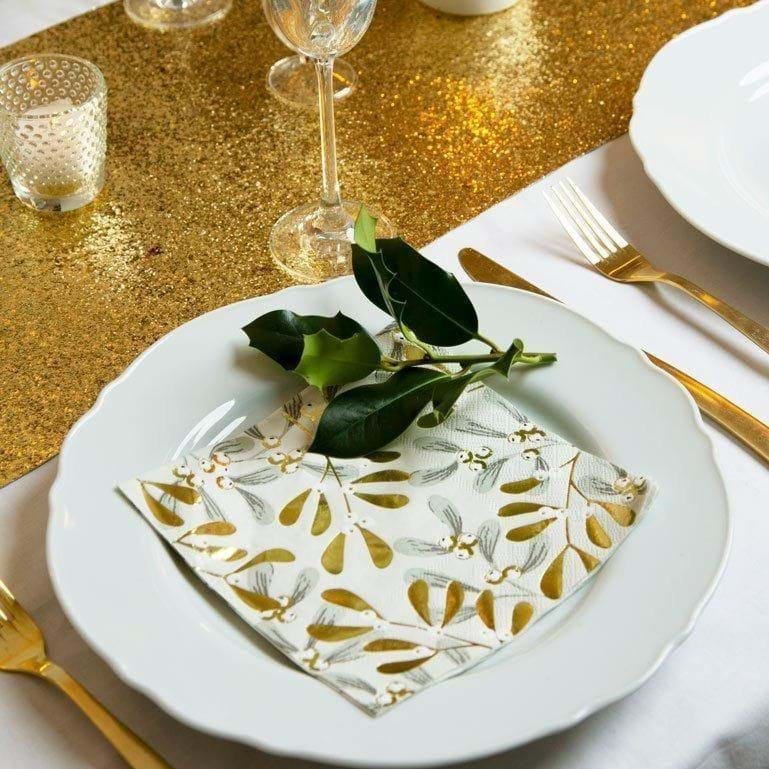 Gold Mistletoe Christmas Paper Napkins - 20 Pack