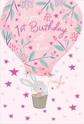 Pink Hot Air Balloon 1st Birthday Card
