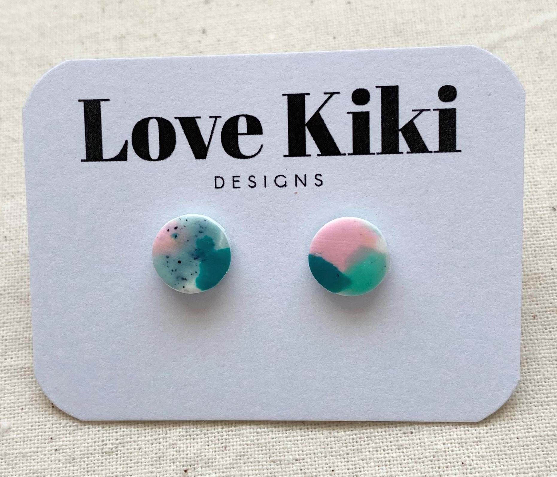 Small Abstract Clay Stud Earrings - Green & Pink