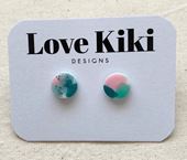 Small Abstract Clay Stud Earrings -  Green & Pink