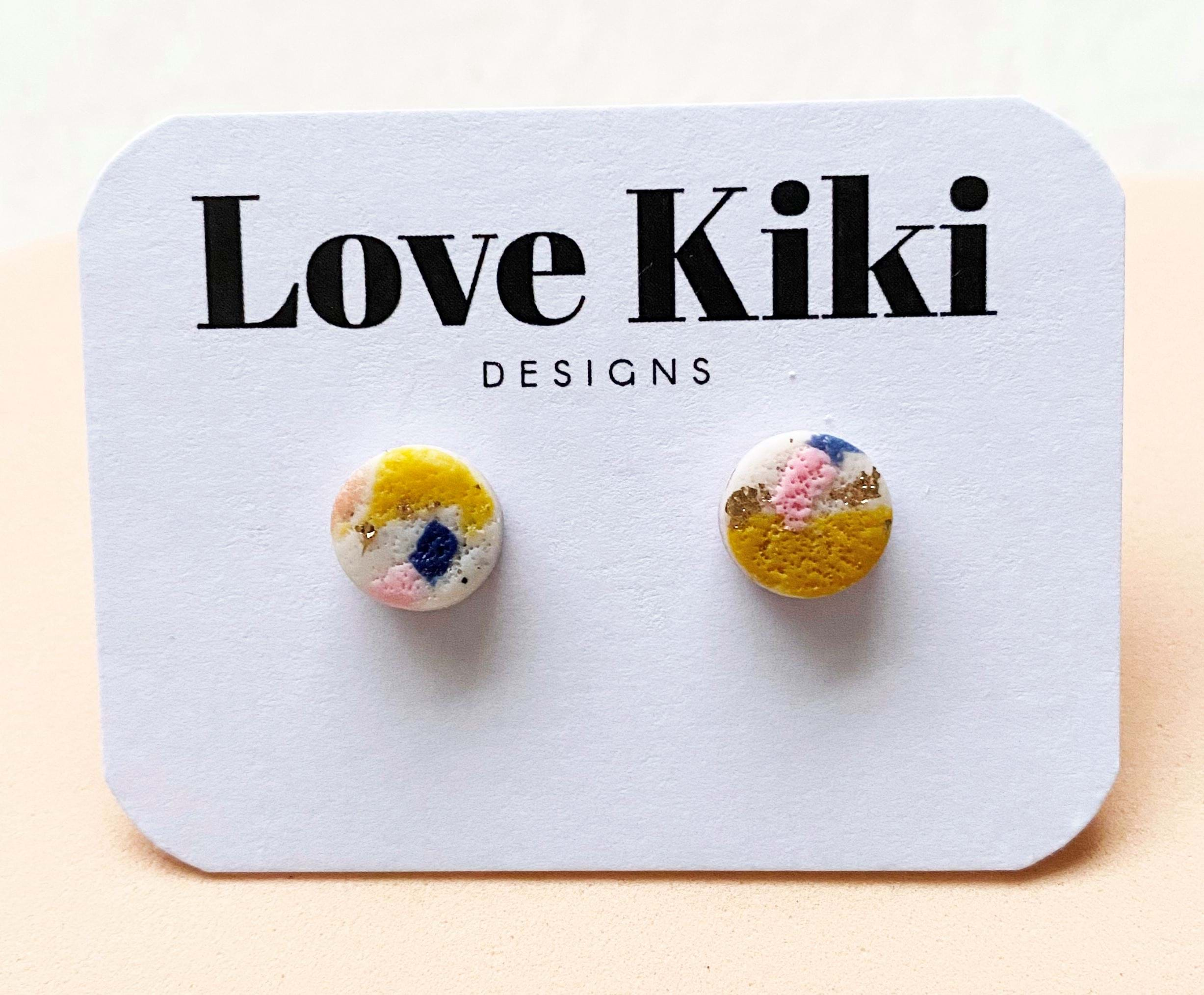 Small Abstract Clay Stud Earrings -  Yellow & Pink