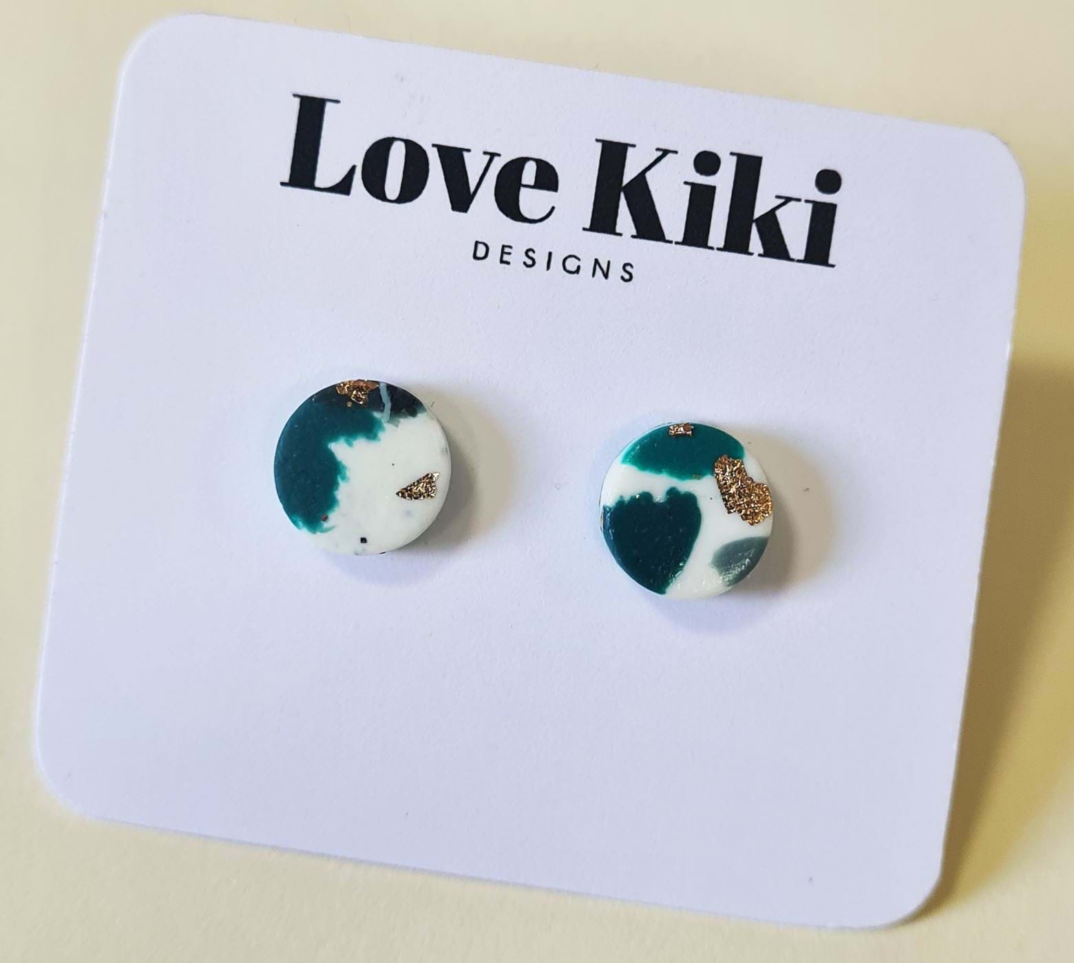 Small Abstract Clay Stud Earrings -  Teal & Gold