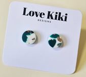 Small Abstract Clay Stud Earrings - Teal & Gold