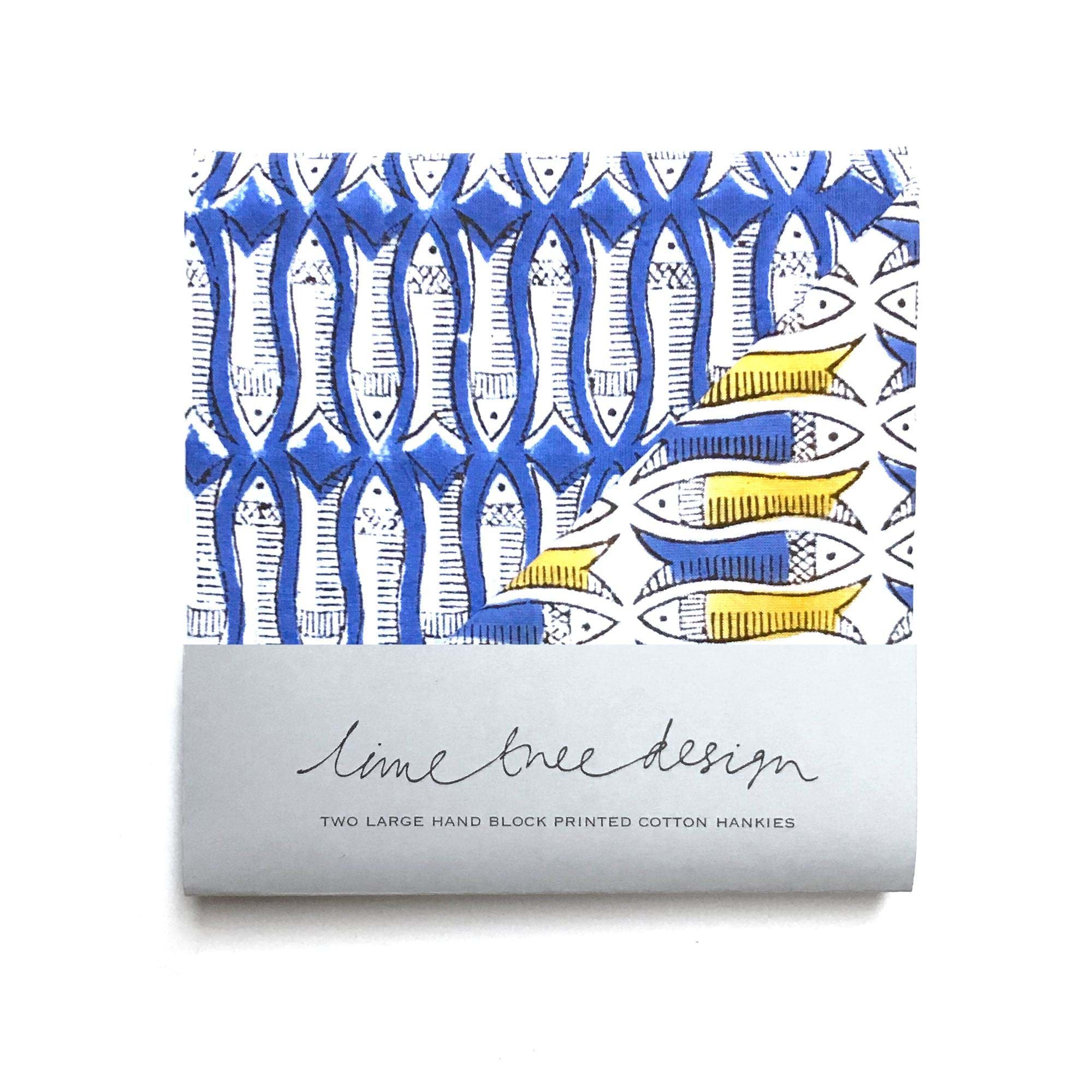 Set of 2 Men's Block Printed Hankies Mustard/Blue Fish