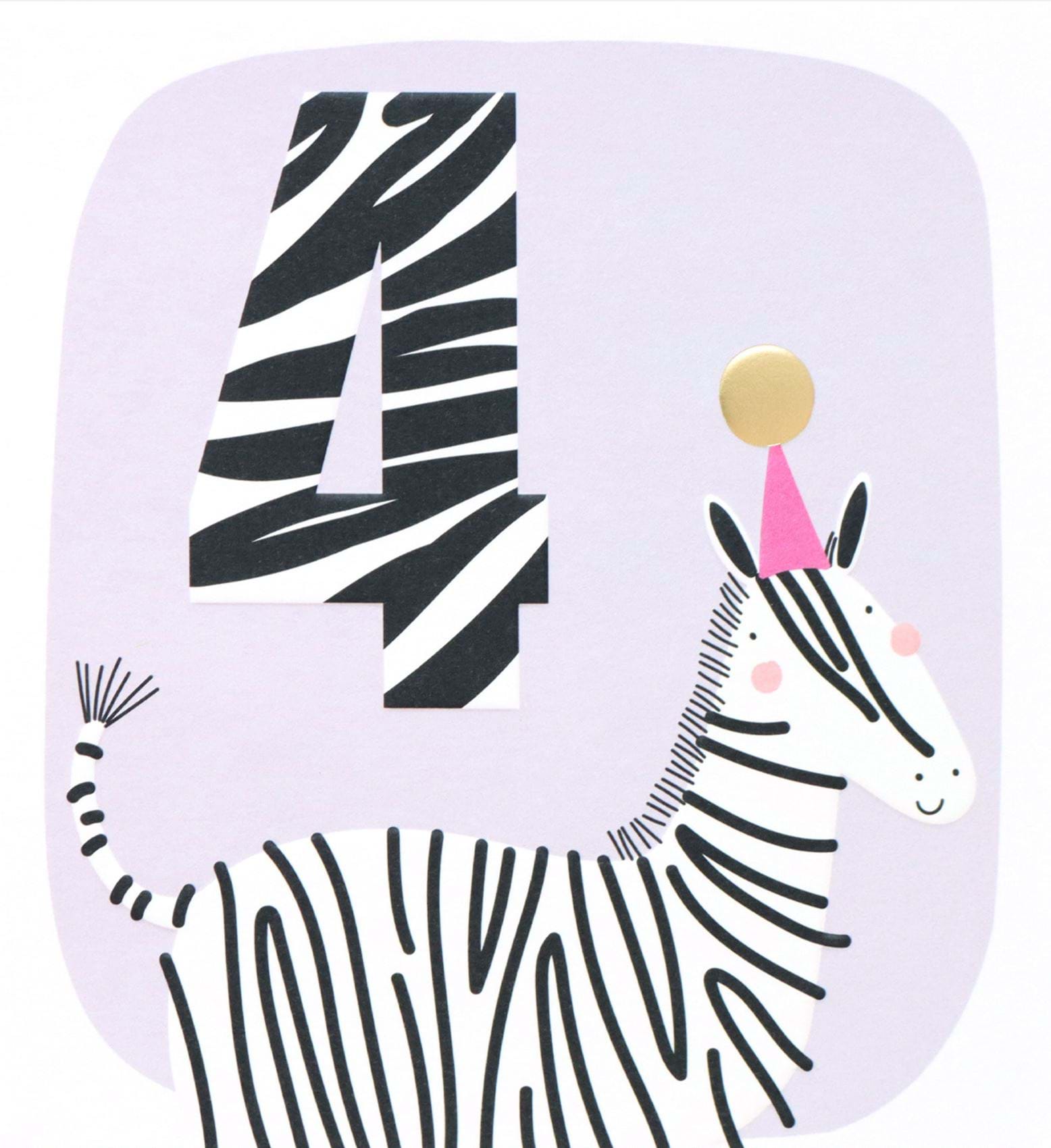 Zebra 4th Birthday Card