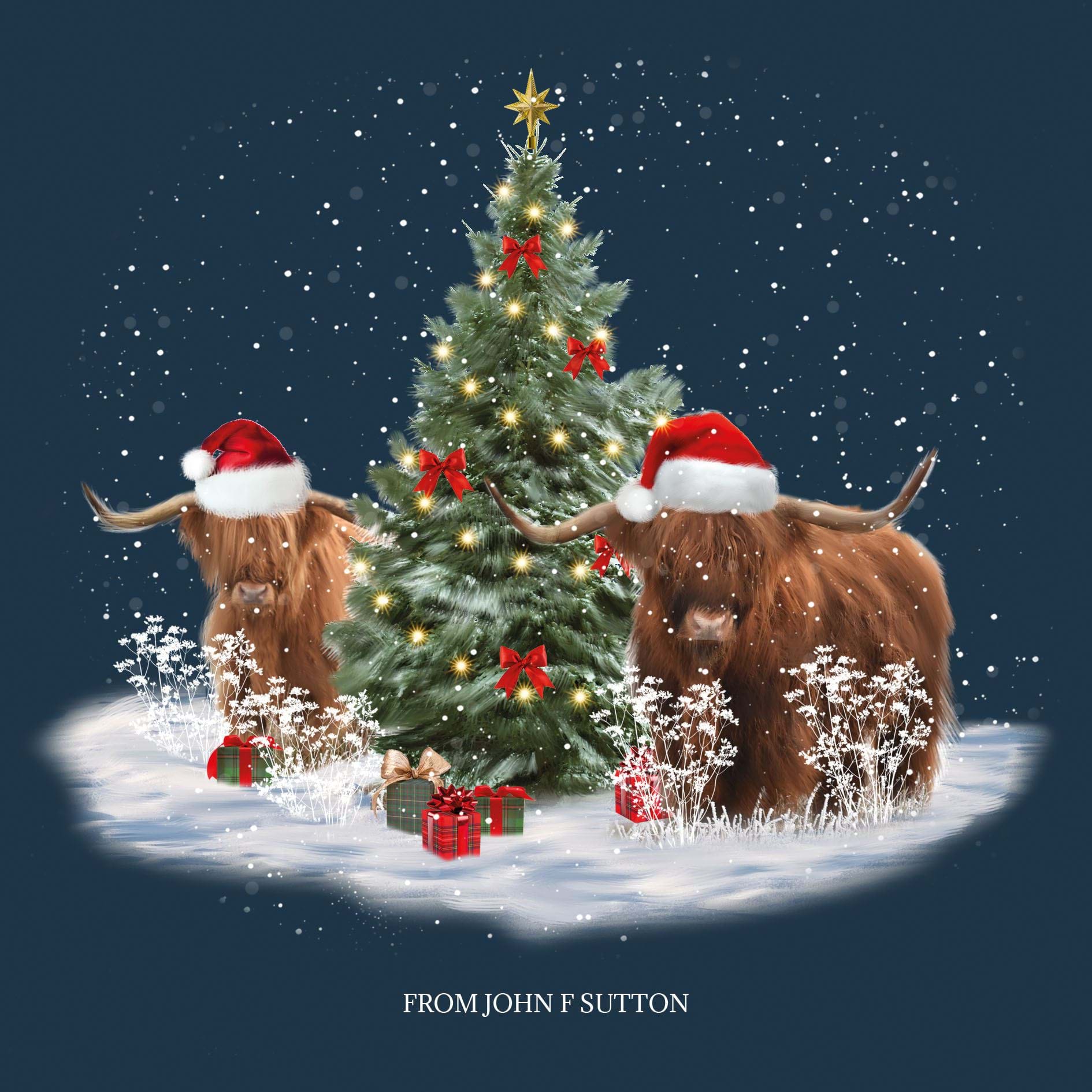 Highland Cow and Tree - Front Personalised Christmas Card