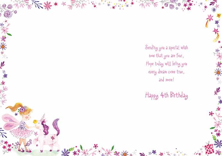 Unicorn Fairy 4th Birthday Card