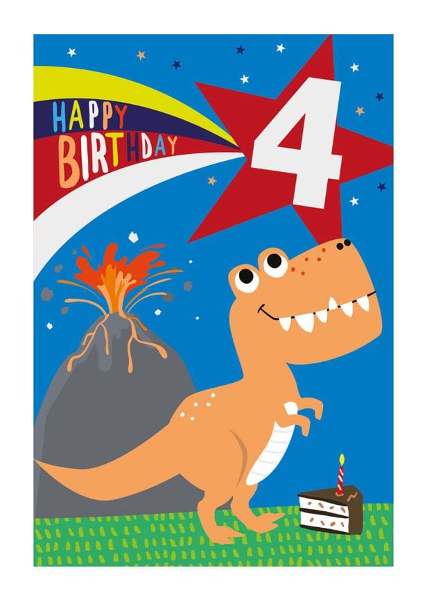 Dino Volcano 4th Birthday Card