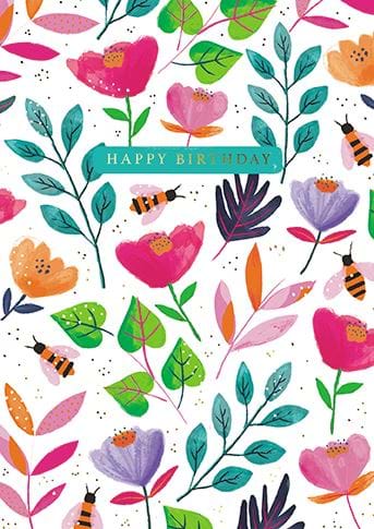 Flowers and Bees Birthday Card