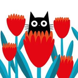 Black Cat and Tulips Greeting Card