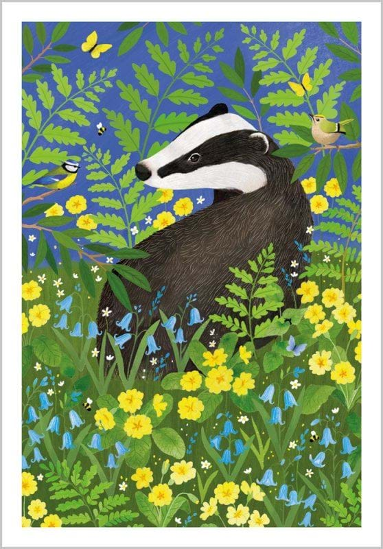 Badger Amongst Primroses Greeting Card