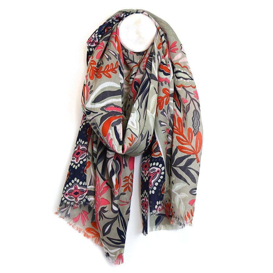 Beige and Orange Mix Floral Vines Scarf