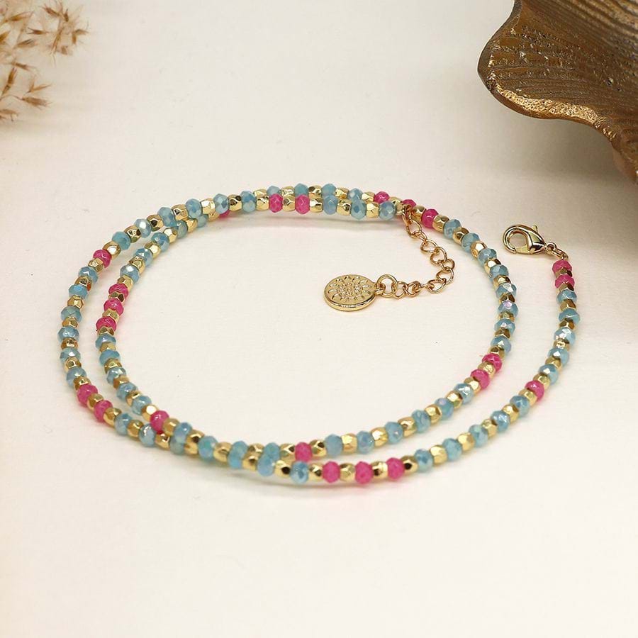Aqua, Pink and Gold Bead Necklace