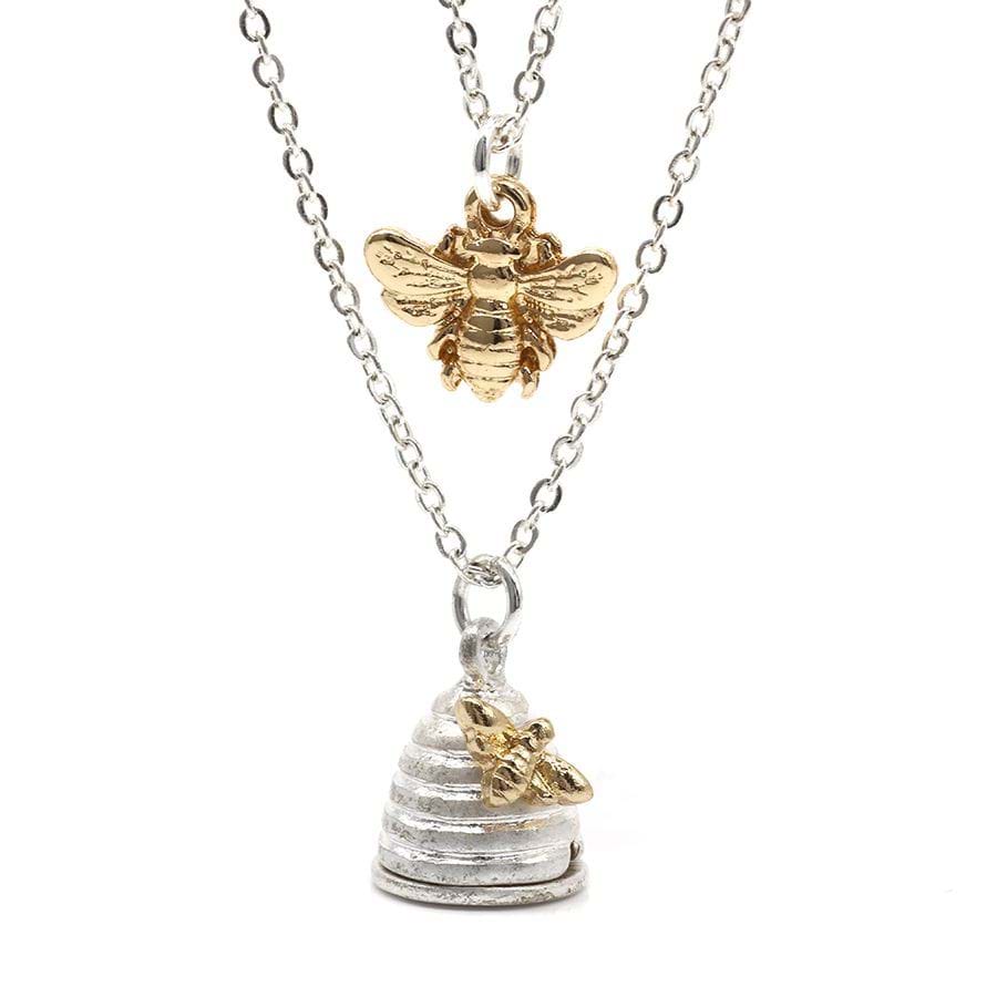 Silver Plated Layered Honey Bee And Beehive Necklace