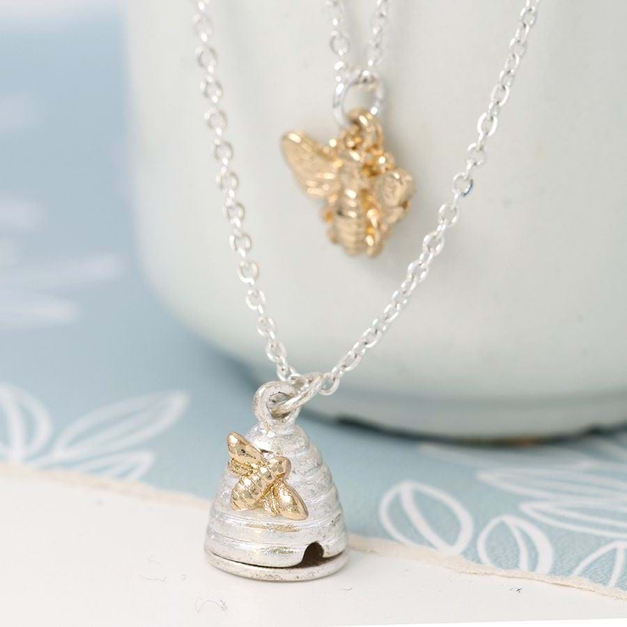 Silver Plated Layered Honey Bee And Beehive Necklace