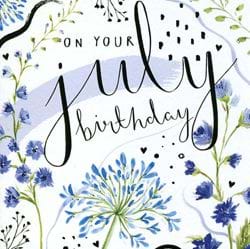 Blue Flowers July Birthday Card