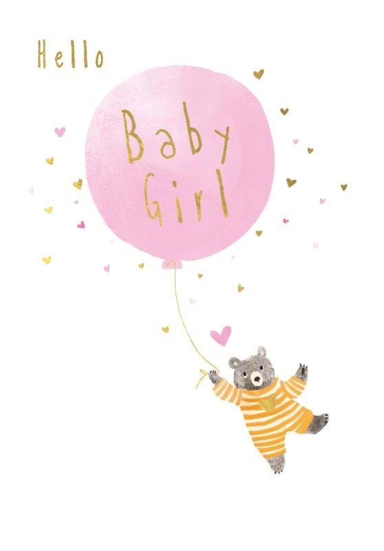 Bear Balloon New Baby Girl Card